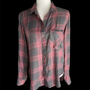 Bella Dahl: Women's Brick & Grey Button Down Long Sleeve Shirt: Size S